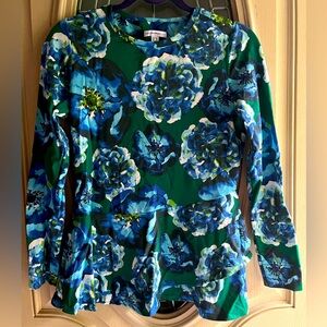 Isaac Mizrahi peplum floral print long sleeve top XXS green blue